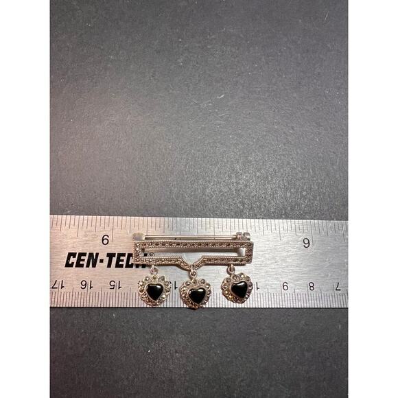 Vintage black onyx hearts and marcasite sterling silver pin brooch - Picture 4 of 11